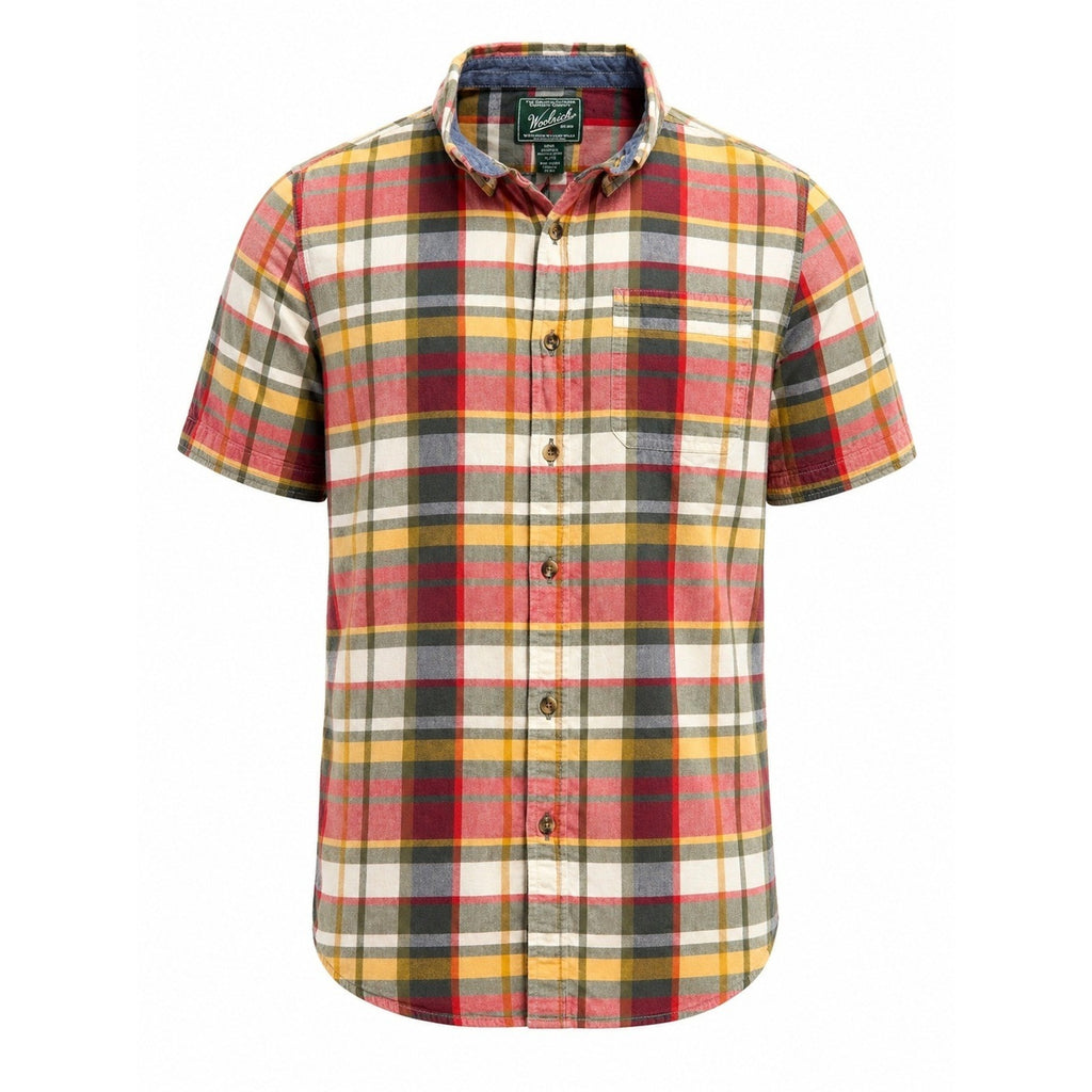 Woolrich Mens XL Short Sleeve Plaid Button Down Shirt Organic Cotton Modern Fit