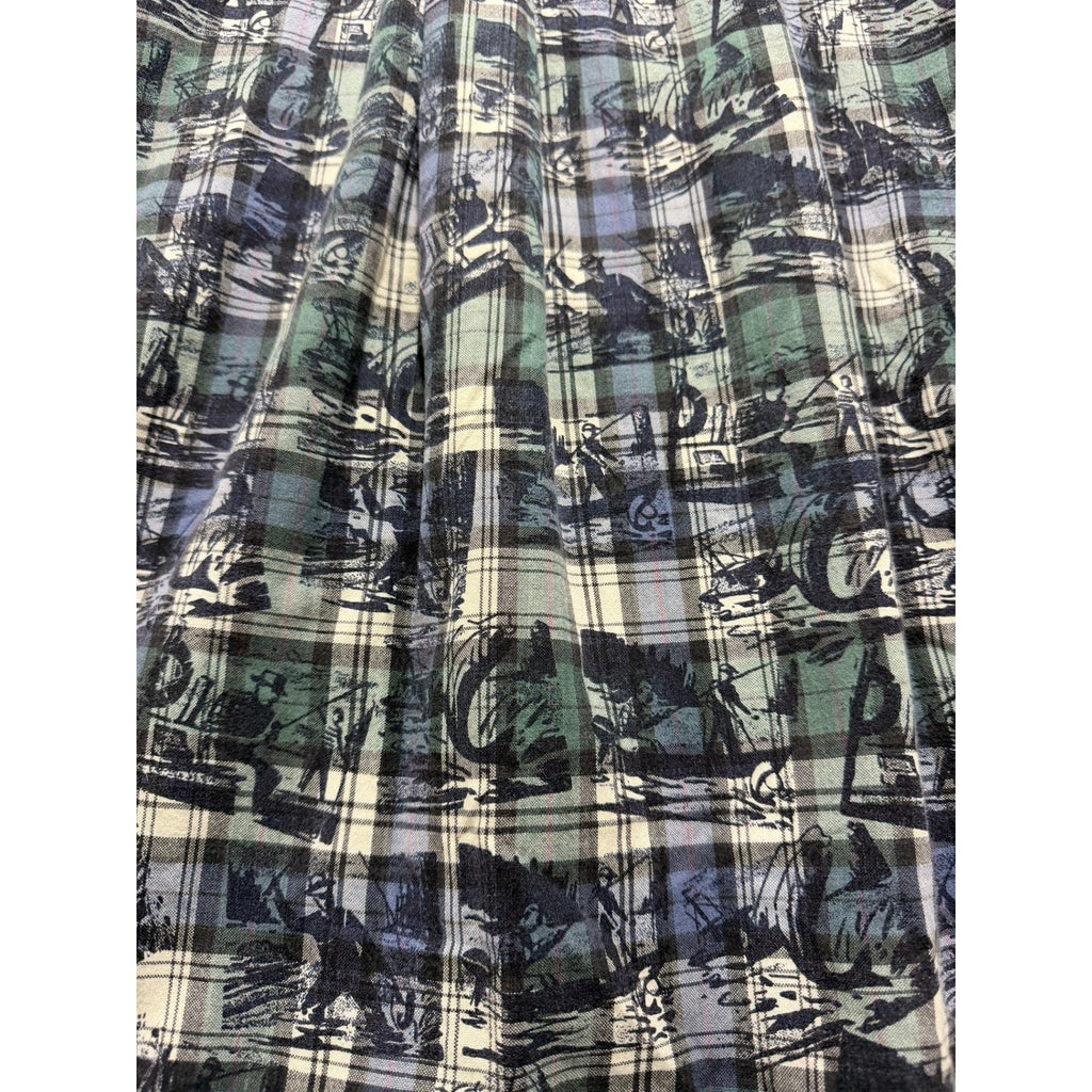 Woolrich Mens Large Blue Green Plaid Fishing Graphic Short Sleeve Button Shirt