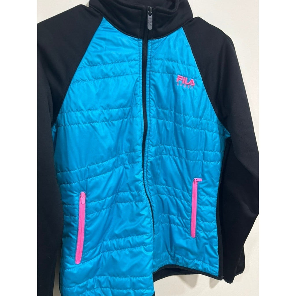 Fila Sport Teal Black Quilted Athletic Jacket Zip Up Womens M Athleisure Light