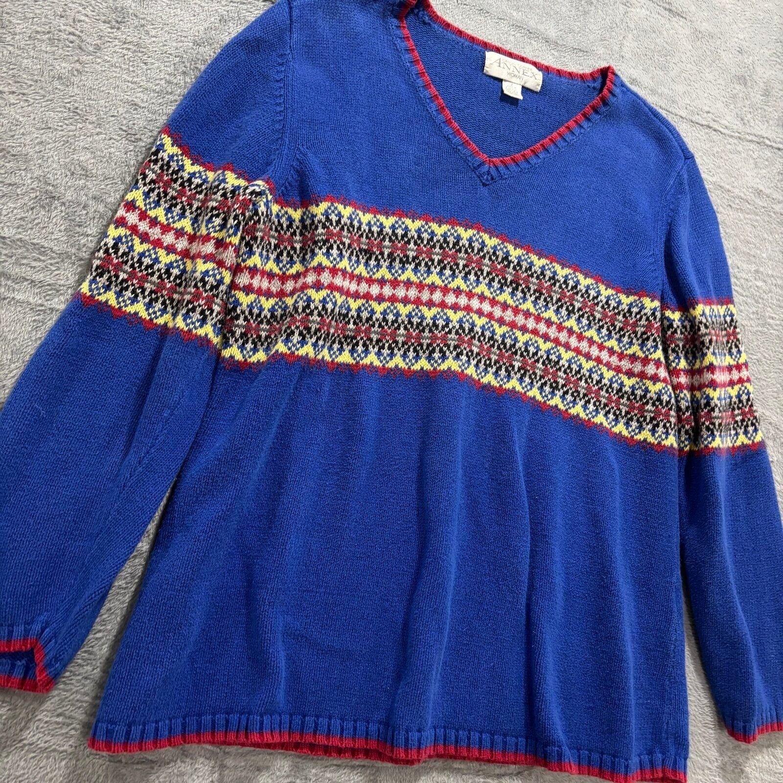 Casual Corner Annex Womens 1X Blue Fair Isle V-Neck Sweater Vintage Boho Cotton