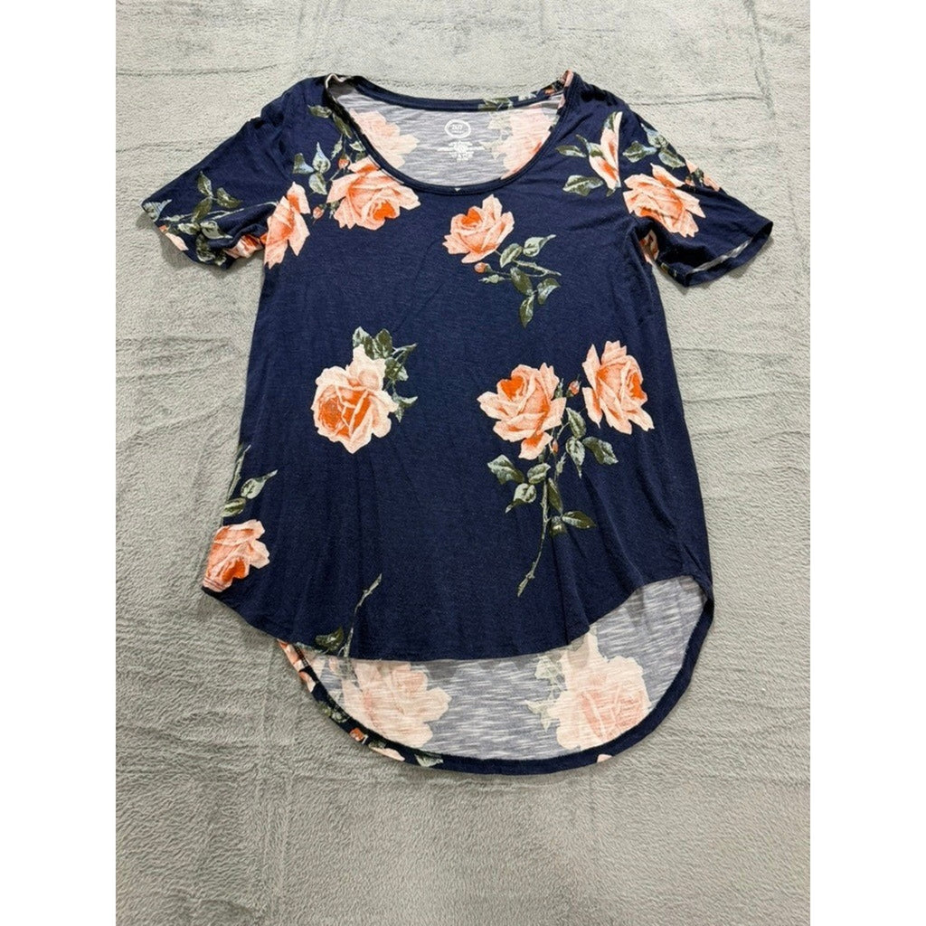 Maurices 24/7 Navy Peach Rose Floral High-Low T-Shirt Womens Large Boho Scoop