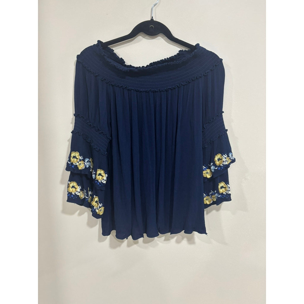 MAX EDITION Navy Off Shoulder Boho Peasant Blouse Embroidered L Coastal Cowgirl