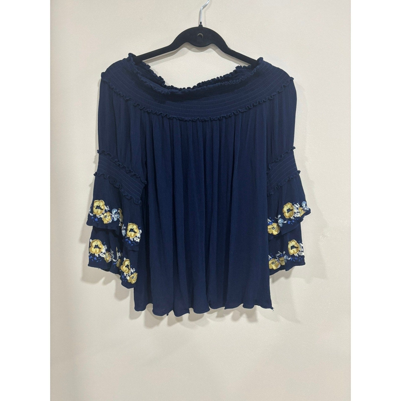 MAX EDITION Navy Off Shoulder Boho Peasant Blouse Embroidered L Coastal Cowgirl