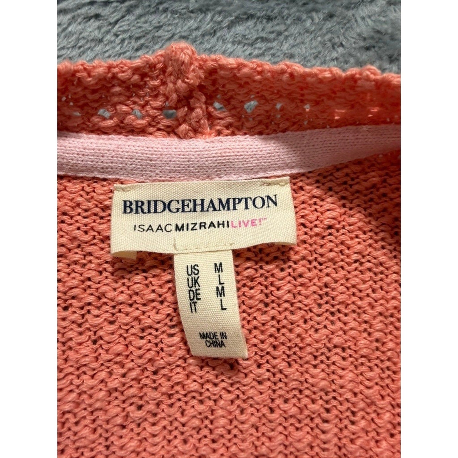 Bridgehampton Isaac Mizrahi Live Women Coral Pink Crochet Pointelle Cardigan L