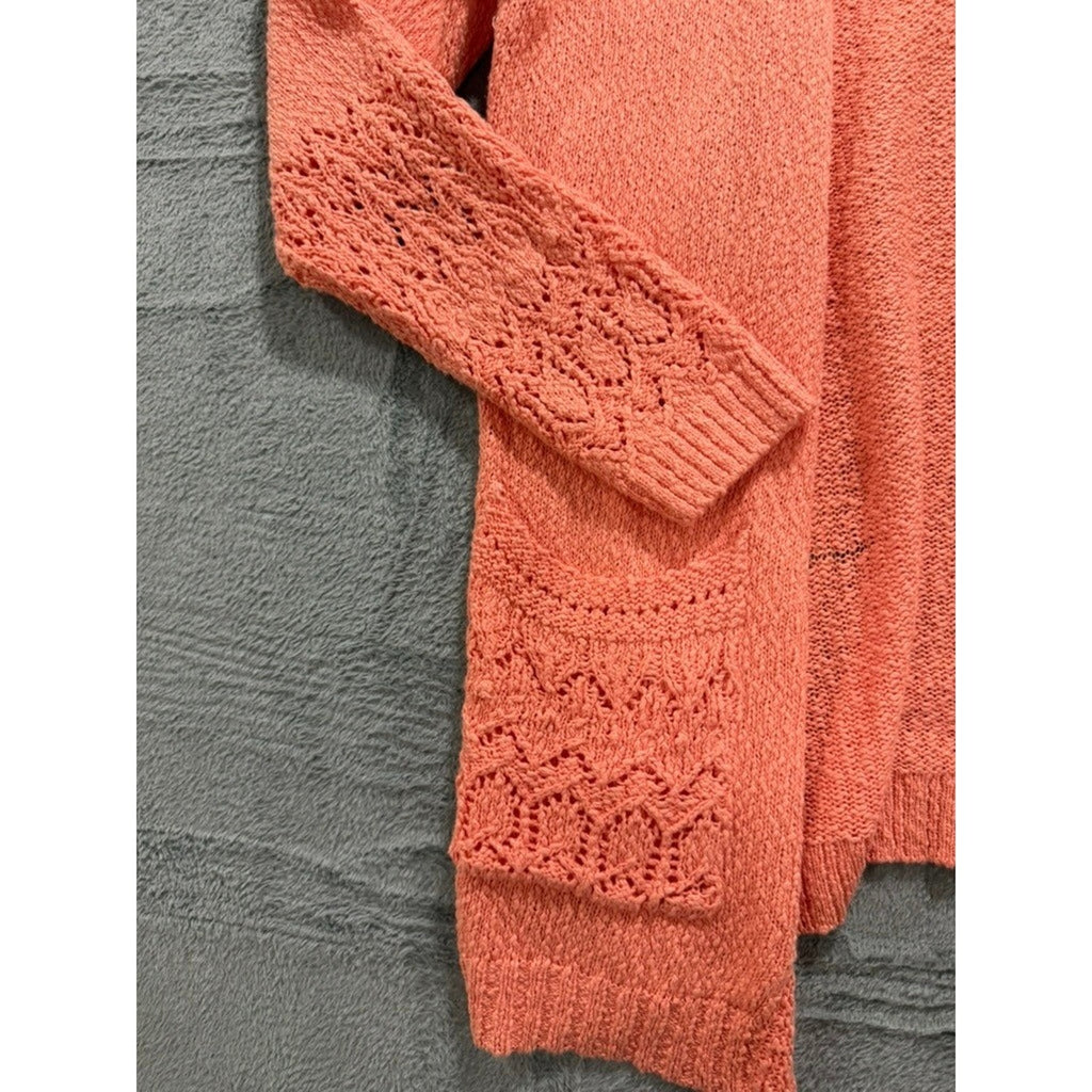 Bridgehampton Isaac Mizrahi Live Women Coral Pink Crochet Pointelle Cardigan L