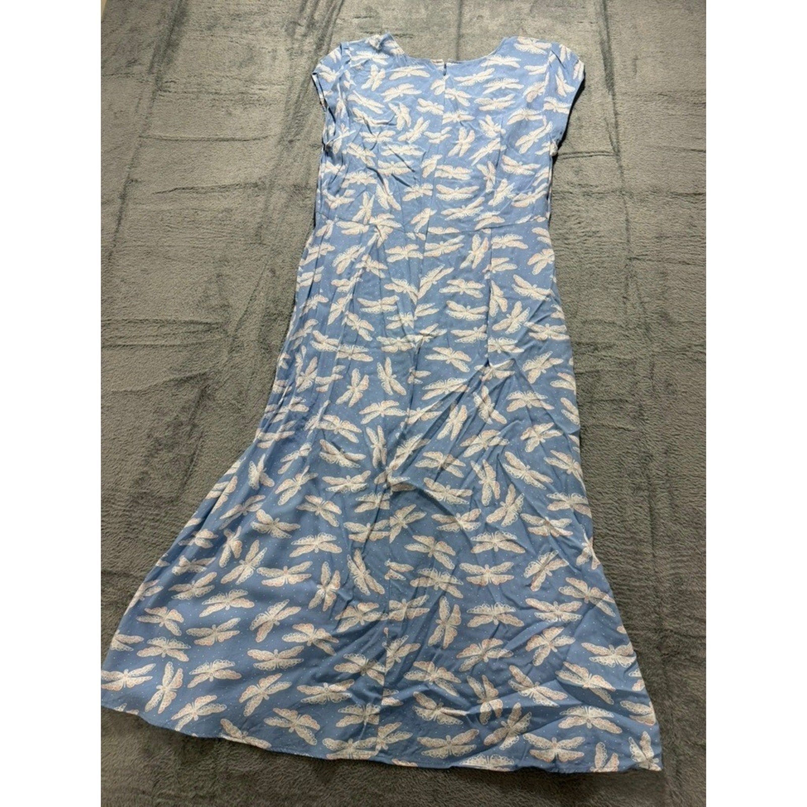 LOFT Dress Womens 12 Blue Dragonfly Print Cap Sleeve Fit Flare Midi