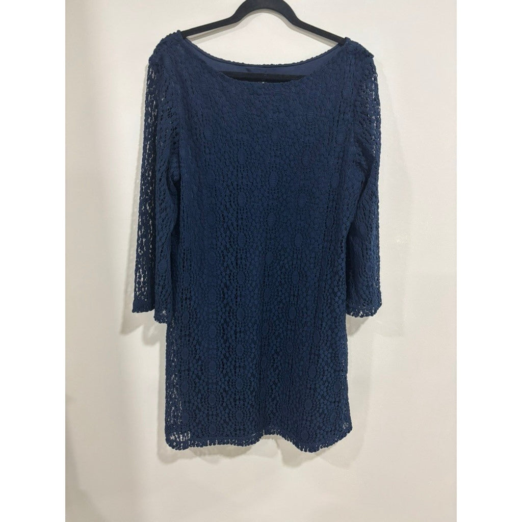 Sharagano Navy Lace Shift Dress Lined 3/4 Sleeve Size 14 Elegant Wedding Classic