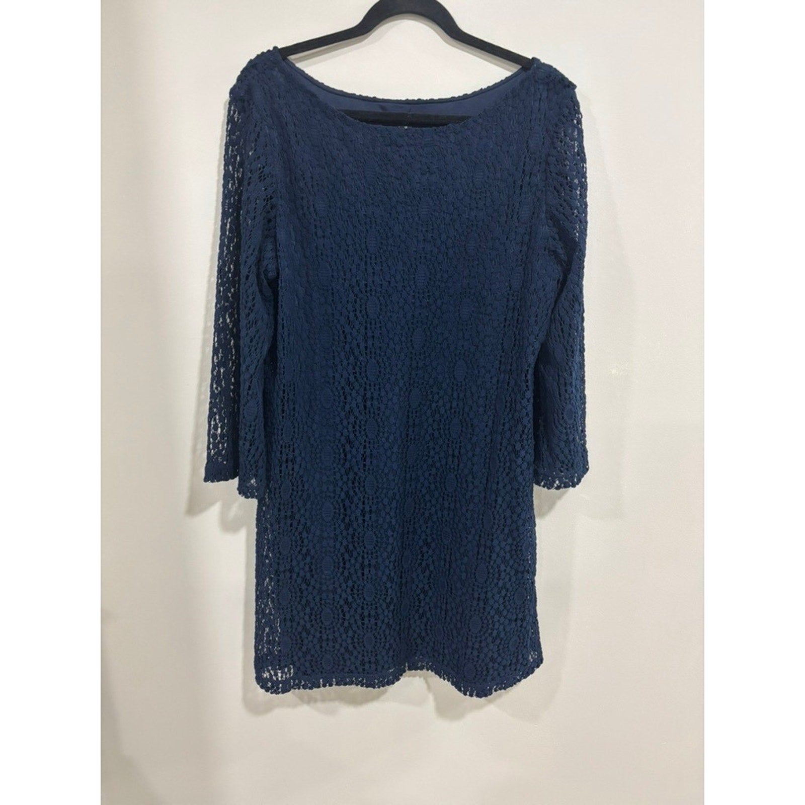 Sharagano Navy Lace Shift Dress Lined 3/4 Sleeve Size 14 Elegant Wedding Classic