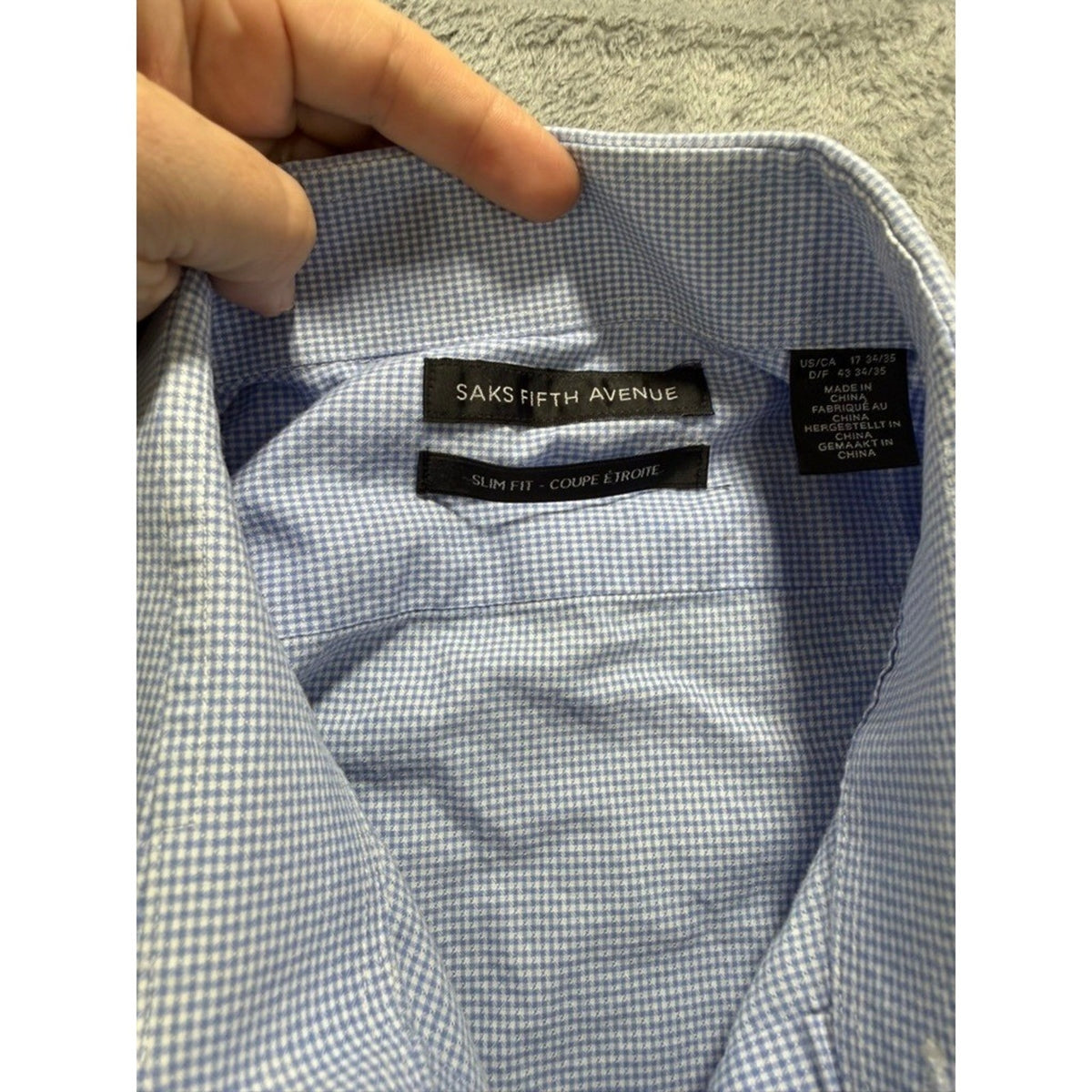 Saks Fifth Avenue Dress Shirt Mens 17 34/35 Blue Check Slim Fit Cotton Button