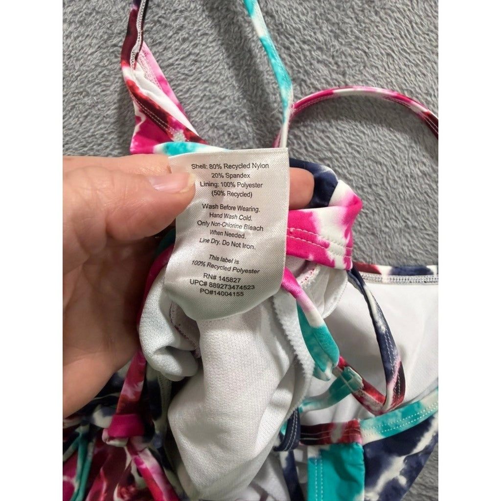 Women Tie Dye One Piece Swimsuit Pink Blue White Strappy Back Athletic