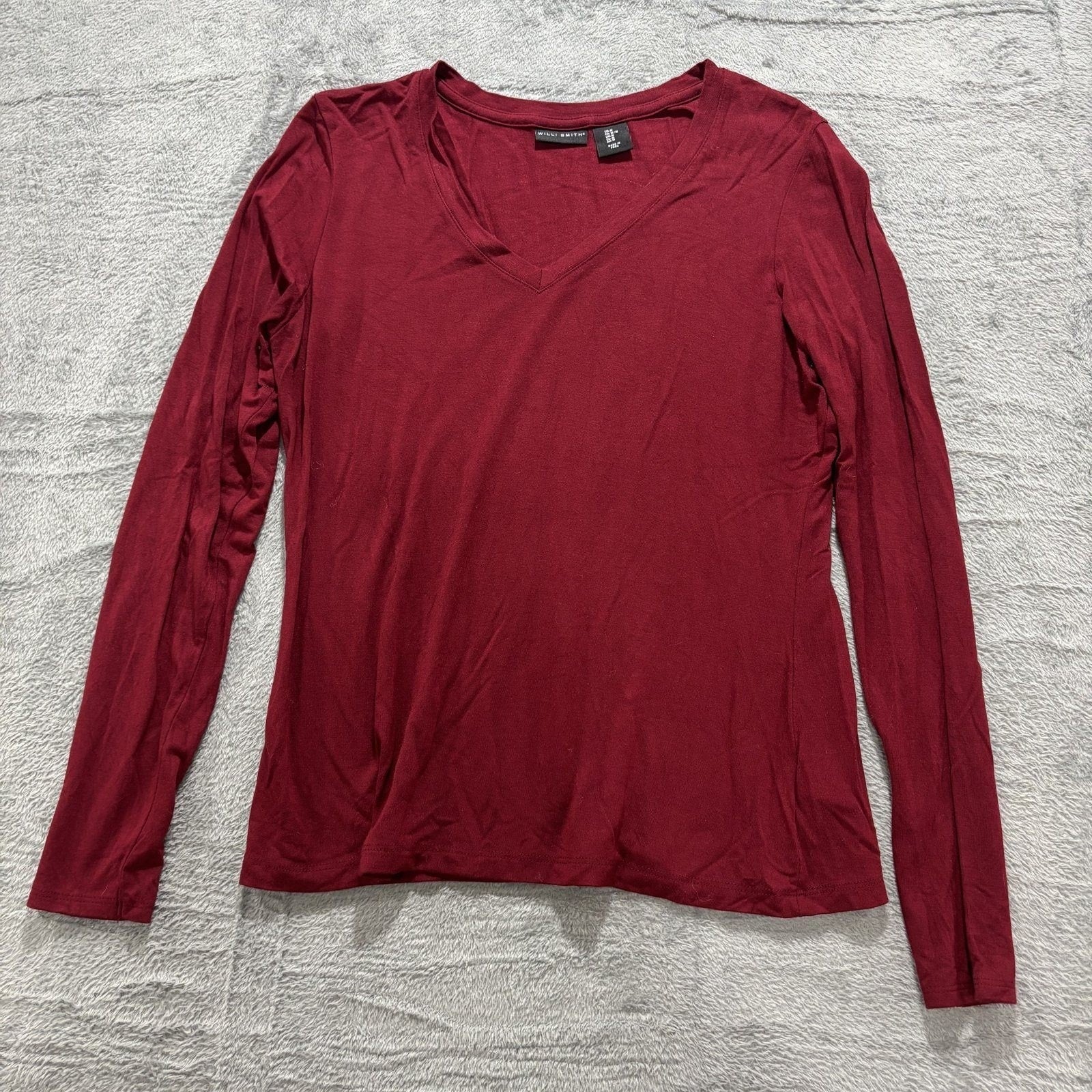Willi Smith Womens M Maroon V-Neck Long Sleeve Tee Shirt Casual Minimalist