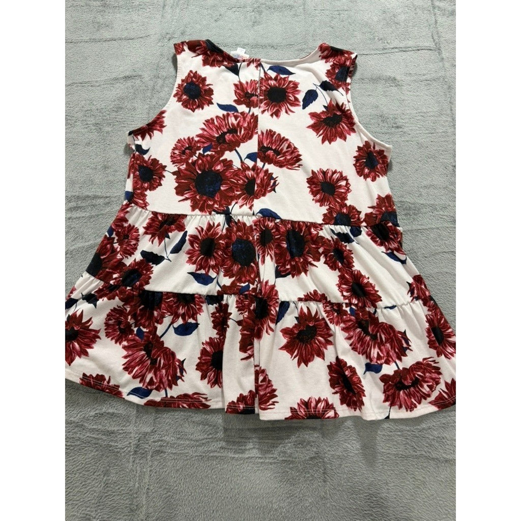 LuLaRoe Womens Red Sunflower Floral Tiered Babydoll Sleeveless Top Large Boho