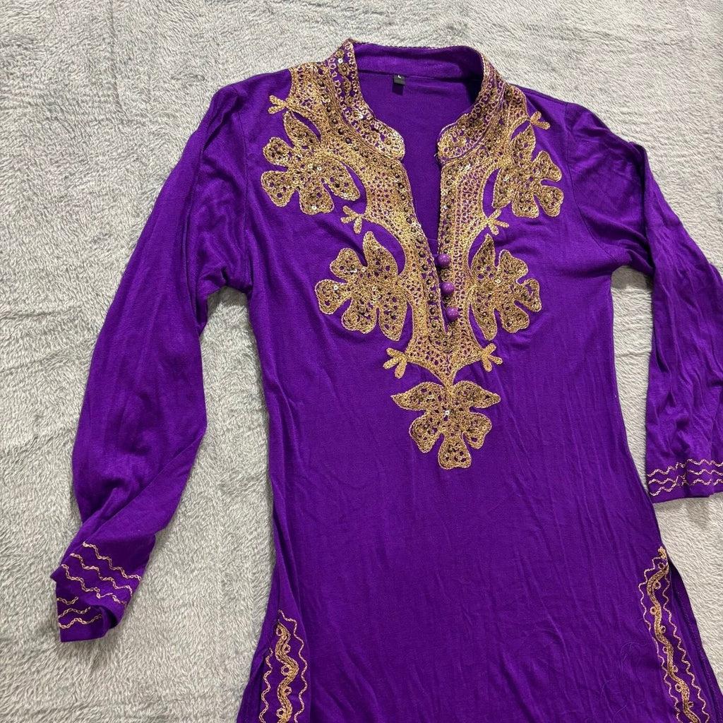 Womens L Purple Embroidered Gold Sequin Tunic Top Boho Festival Casual