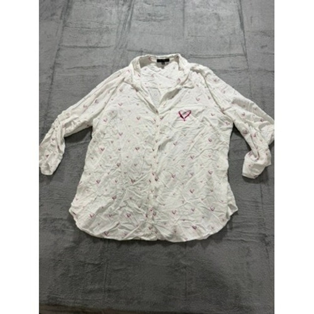 Velvet Heart Womens 3X White Pink Heart Print Roll Tab Sleeve Button Up Shirt