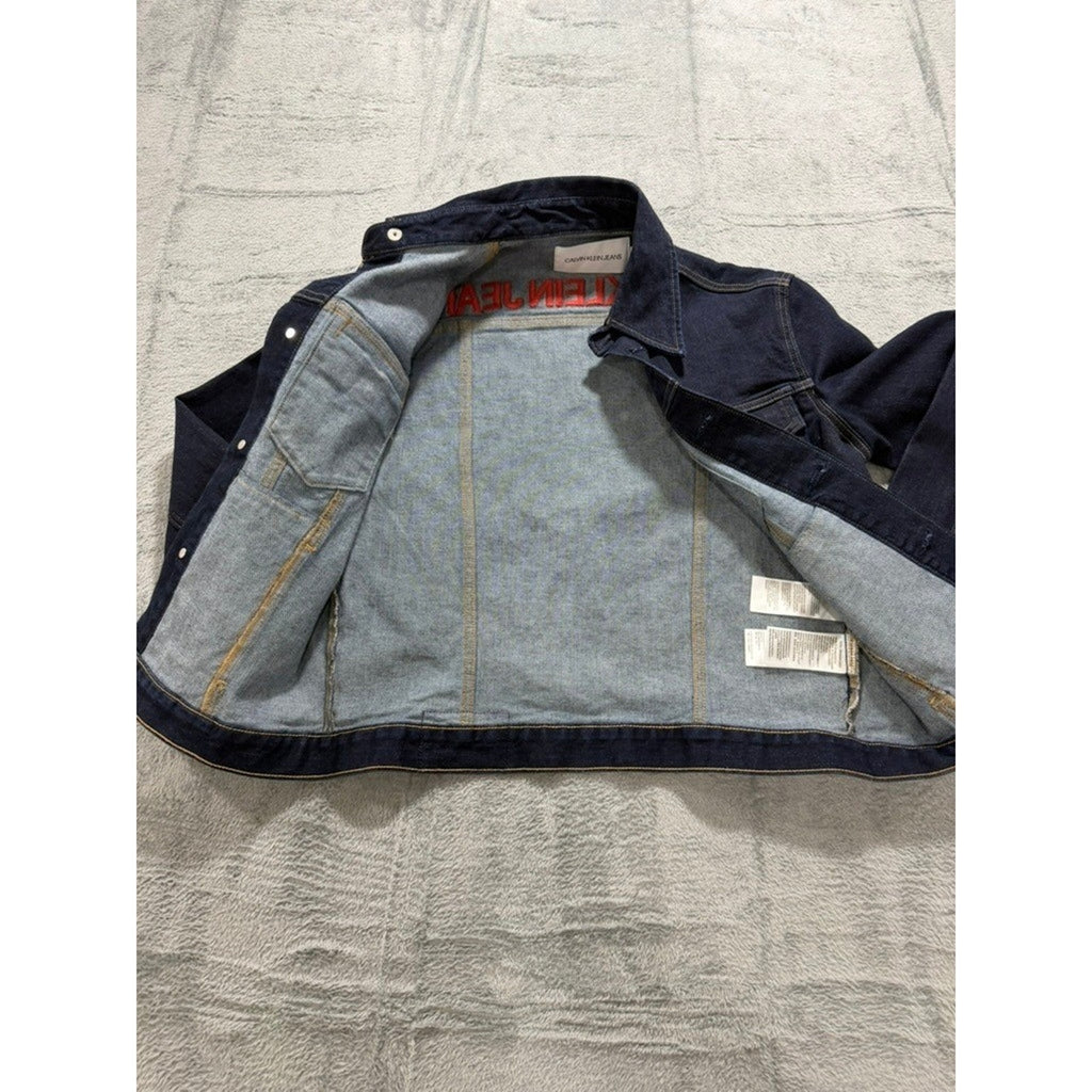 Calvin Klein Jeans Womens Small Dark Indigo Denim Trucker Jacket Red Logo Back