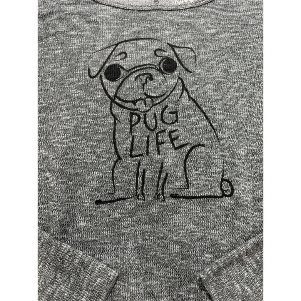 Bethany Mota Pug Life Graphic Knit Top Womens Medium Gray Casual Cute