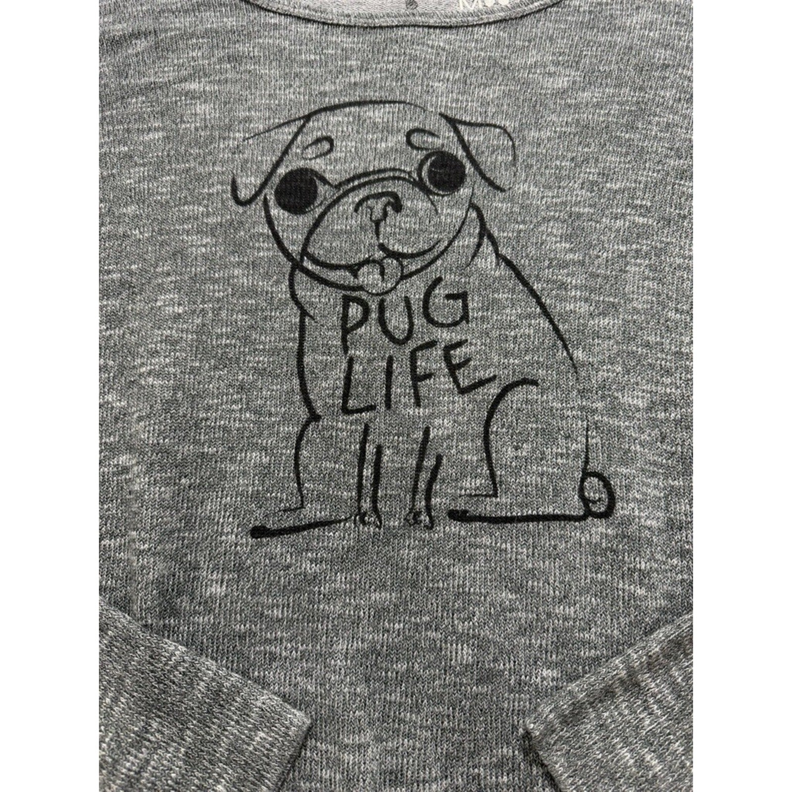 Bethany Mota Pug Life Graphic Knit Top Womens Medium Gray Casual Cute