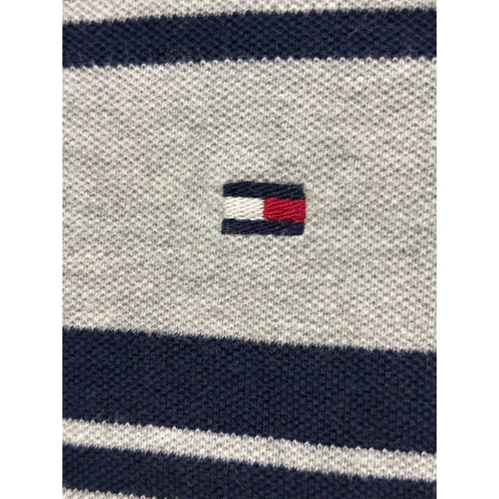 Tommy Hilfiger L Gray Navy Striped Slim Fit Polo Shirt Mens Preppy Casual