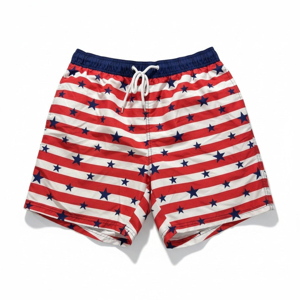 Way to Celebrate! M Red White Blue Stars Stripes Swim Trunks Patriotic Casual