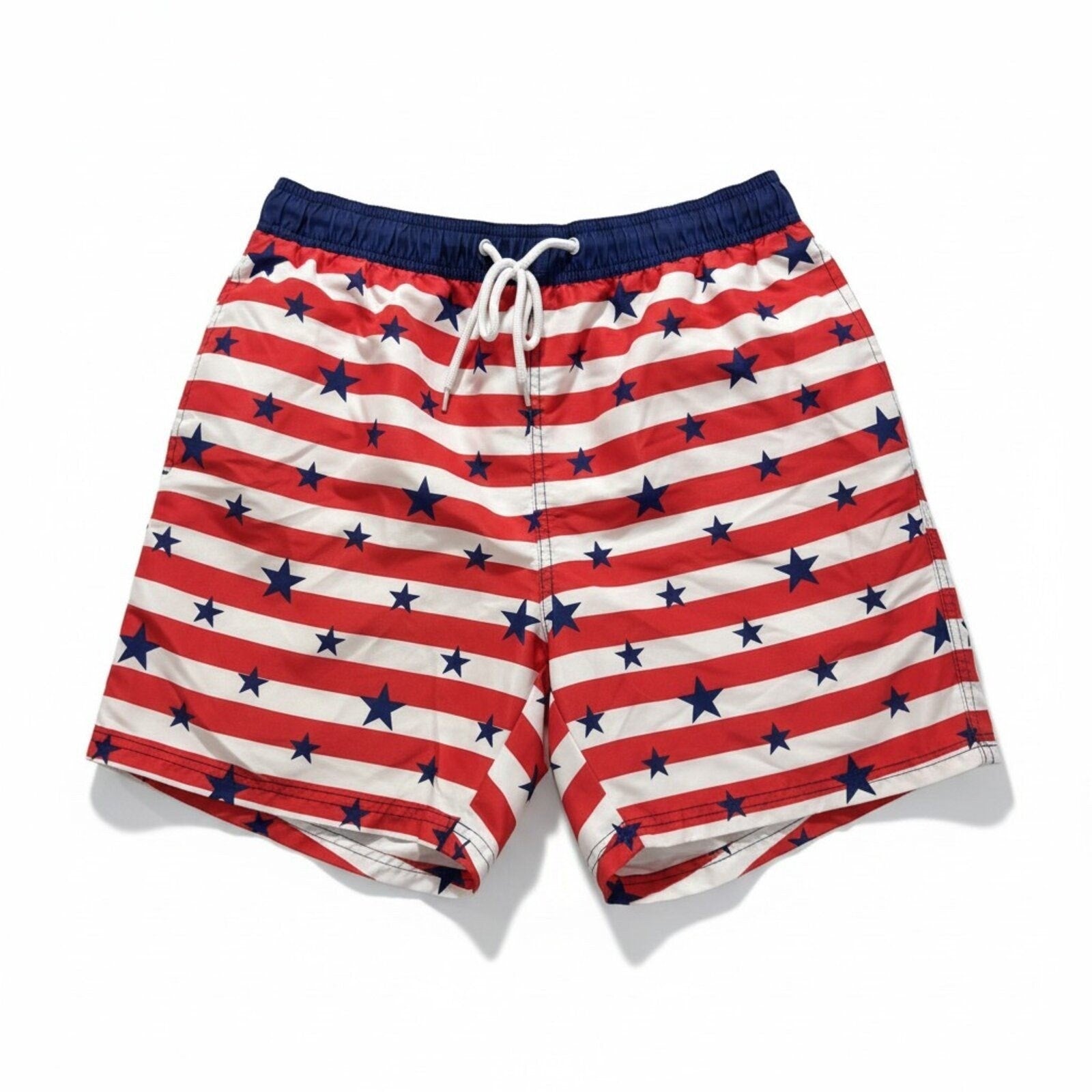 Way to Celebrate! M Red White Blue Stars Stripes Swim Trunks Patriotic Casual