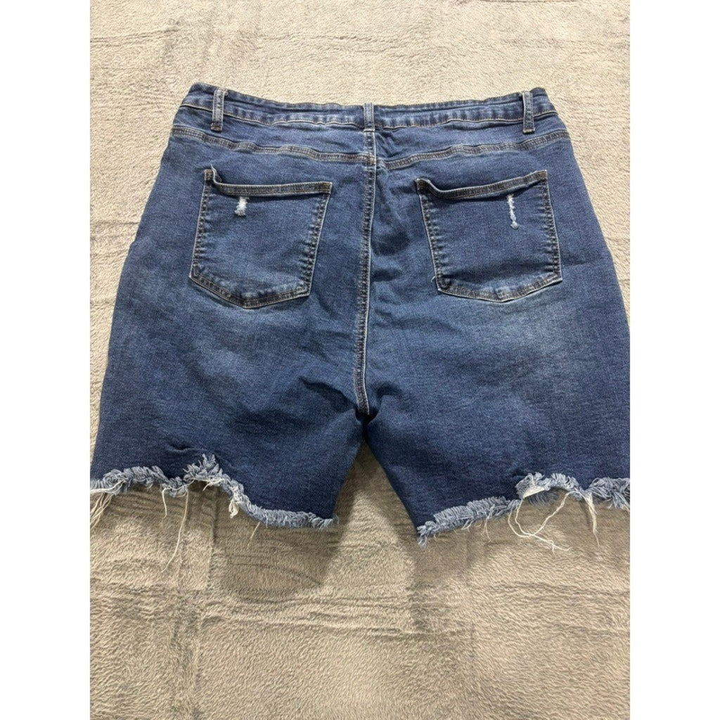 American Bazi Plus 2X Distressed Denim Shorts Medium Wash Raw Hem Stretch