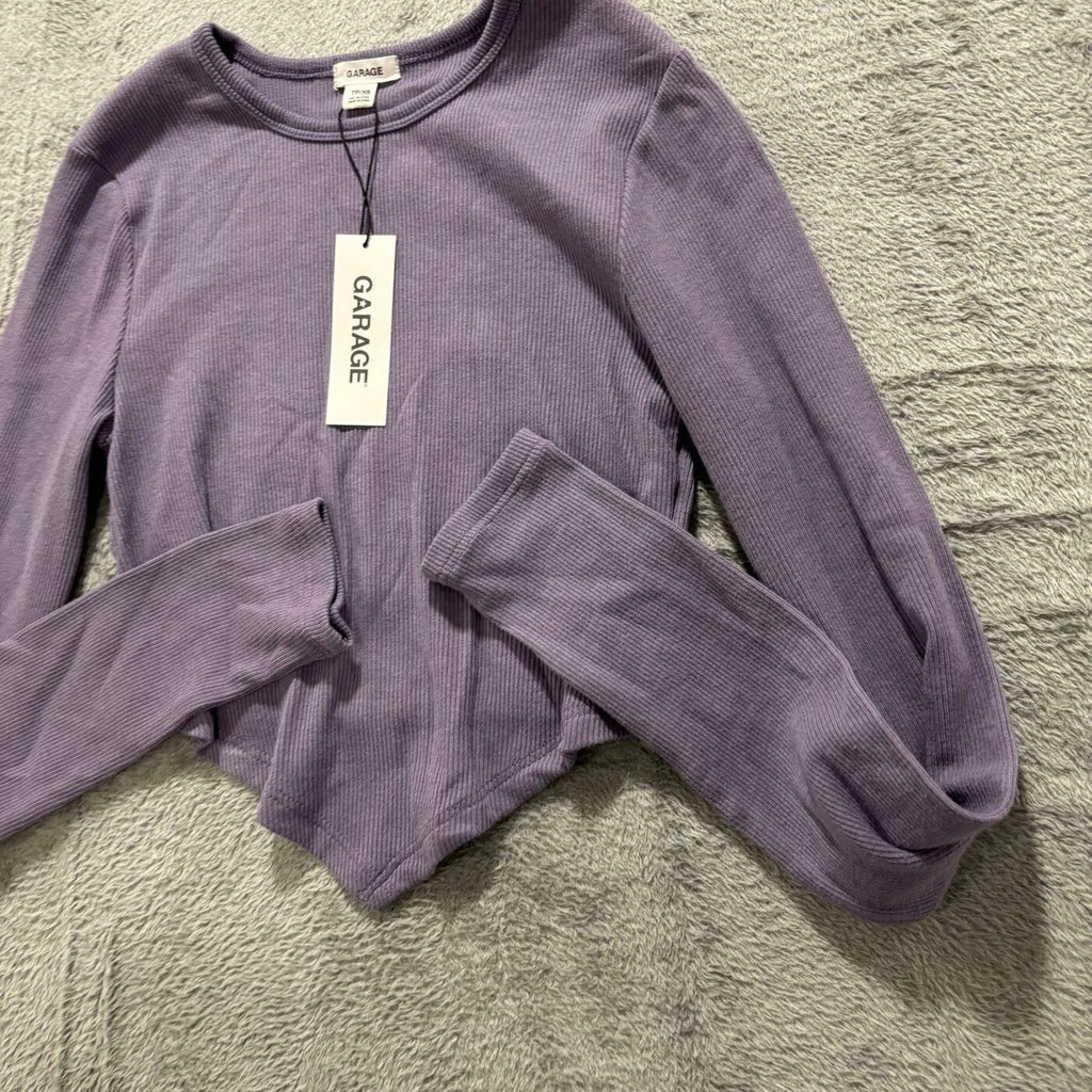 Garage Womens XS Purple Ribbed Bandana Hem Long Sleeve Top Y2K Festival Boho