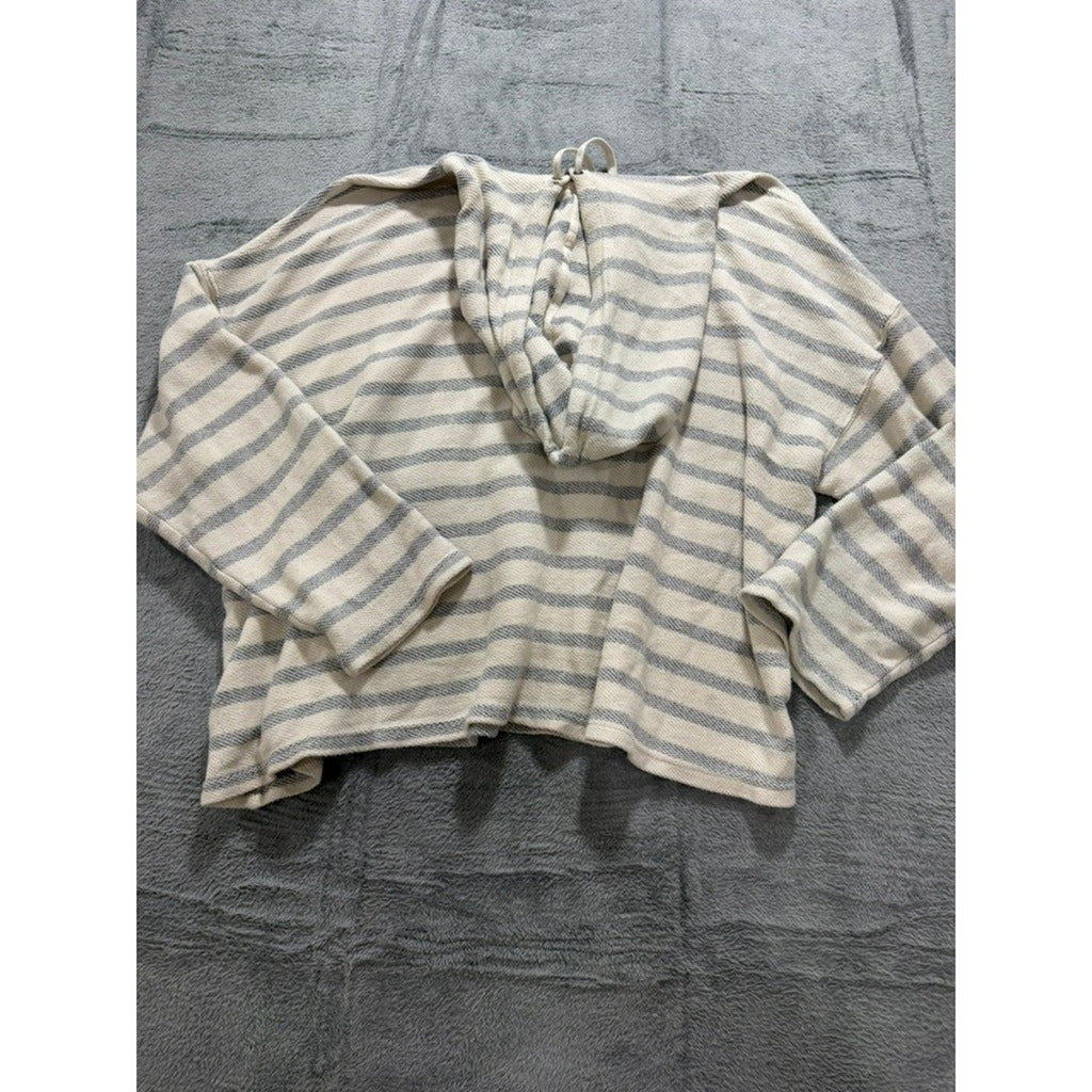 Oversized Striped Knit Hoodie Cream Grey Nautical Kangaroo Pocket Pullover Coast