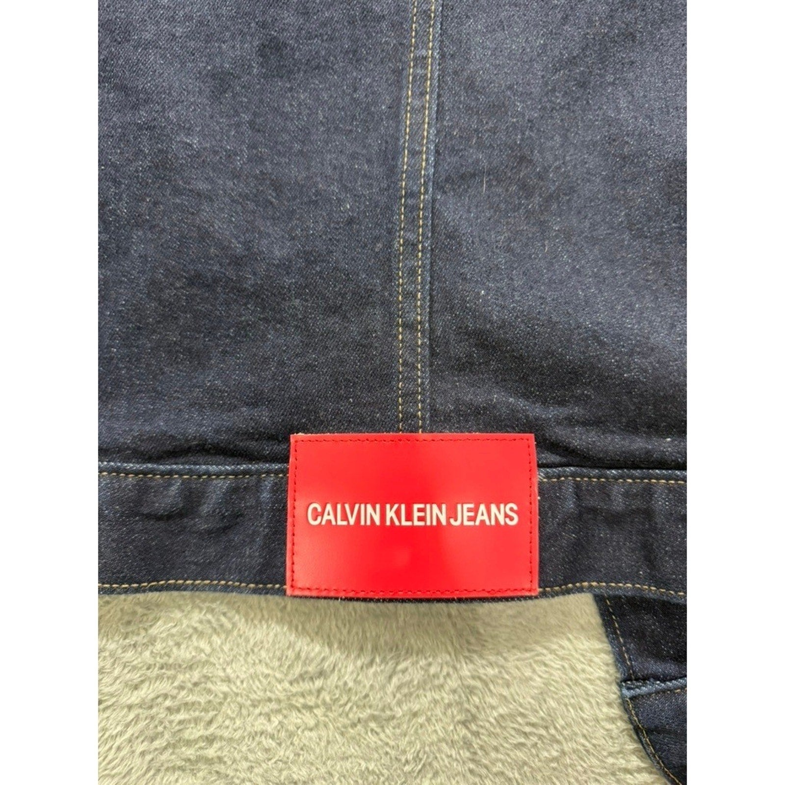 Calvin Klein Jeans Womens Small Dark Indigo Denim Trucker Jacket Red Logo Back