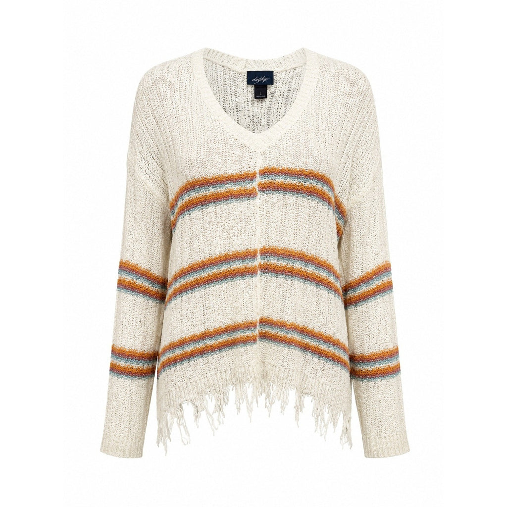 Daytrip Womens Striped V-Neck Open Knit Distressed Frayed Hem Sweater Cream L