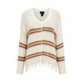 Daytrip Womens Striped V-Neck Open Knit Distressed Frayed Hem Sweater Cream L