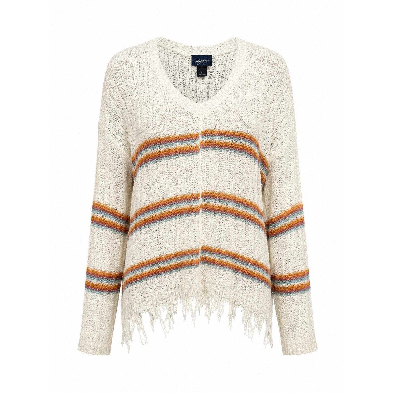 Daytrip Womens Striped V-Neck Open Knit Distressed Frayed Hem Sweater Cream L