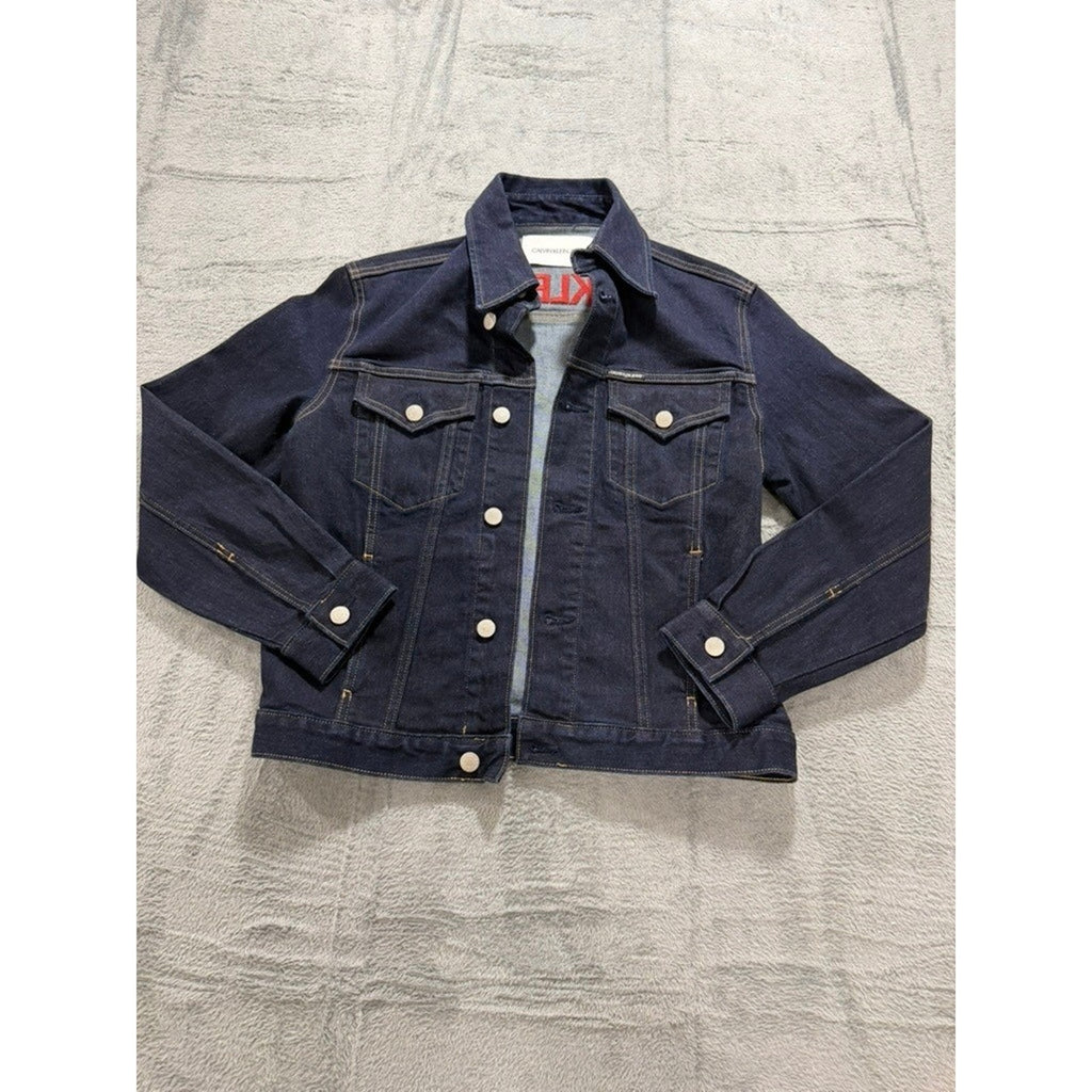 Calvin Klein Jeans Womens Small Dark Indigo Denim Trucker Jacket Red Logo Back