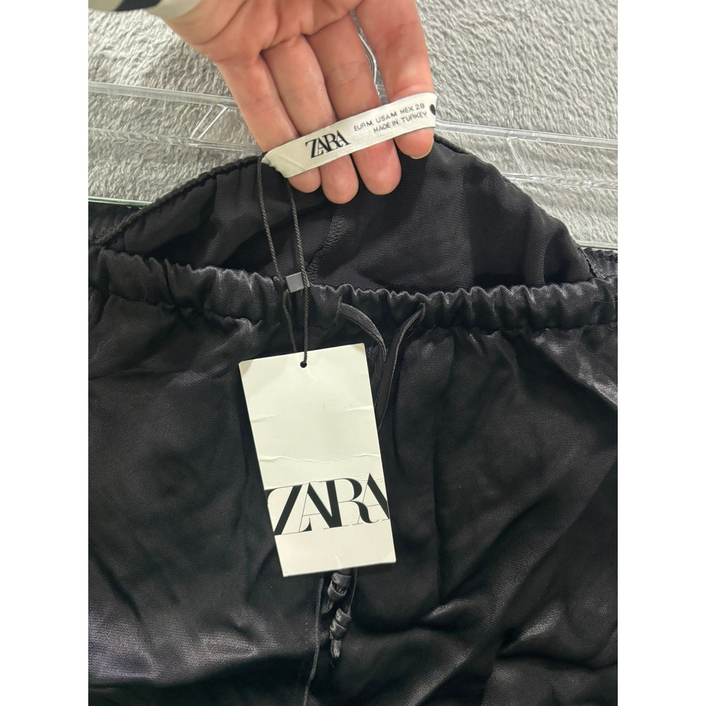 Zara Black Satin A-Line Maxi Skirt Drawstring Waist Size M NEW