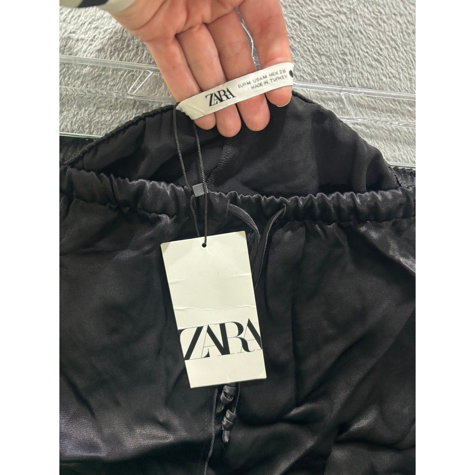 Zara Black Satin A-Line Maxi Skirt Drawstring Waist Size M NEW