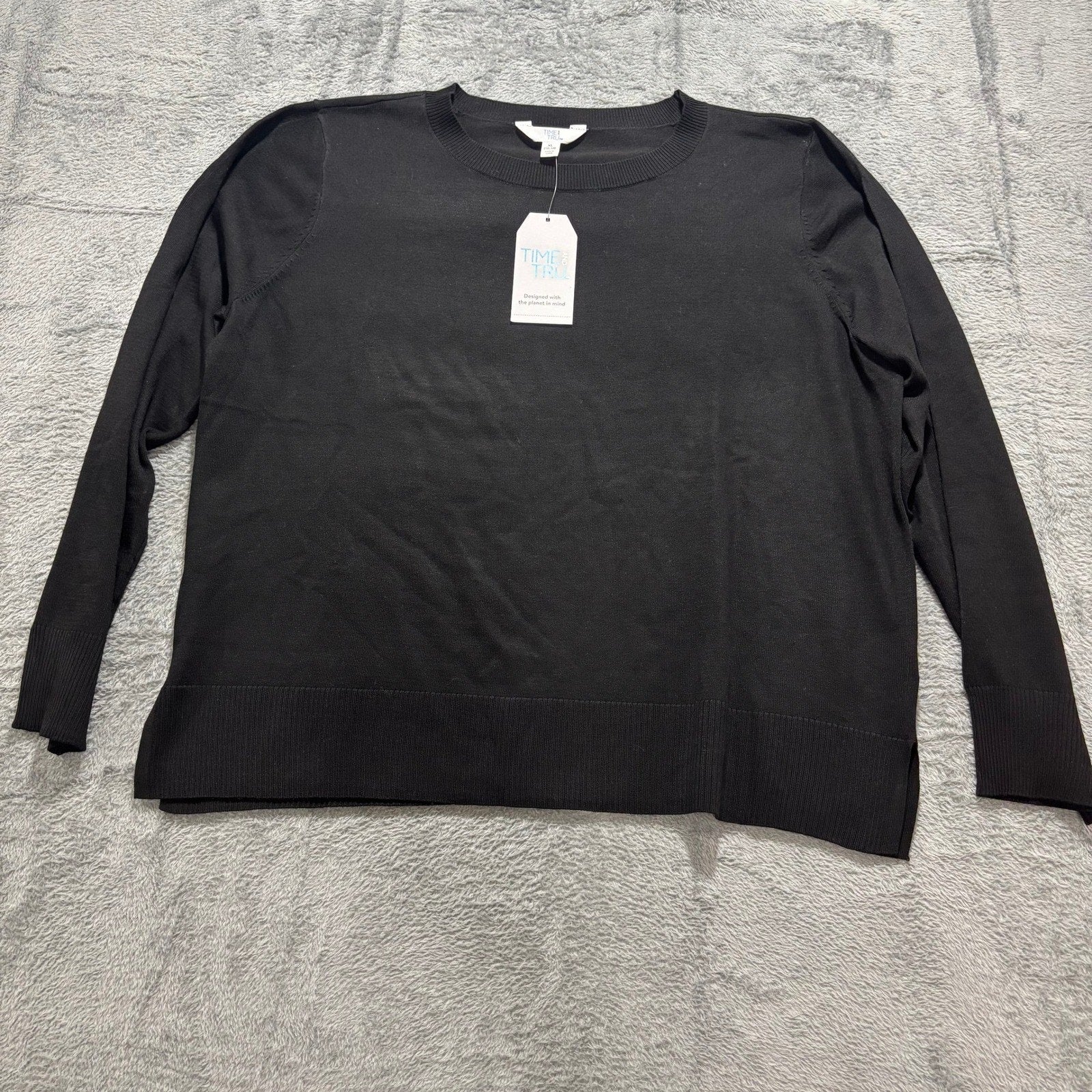 Time and Tru Womens XL Black Fine Gauge Pullover Sweater Crewneck Soft Knit Cozy
