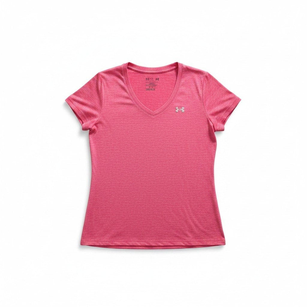 Under Armour Womens LG Pink V-Neck T-Shirt Athleisure Casual HeatGear Loose Fit