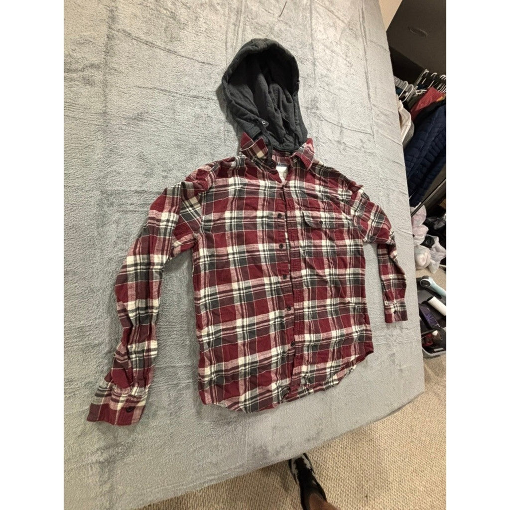 American Eagle M Red Plaid Hooded Flannel Shirt Womens Casual Vintage Style