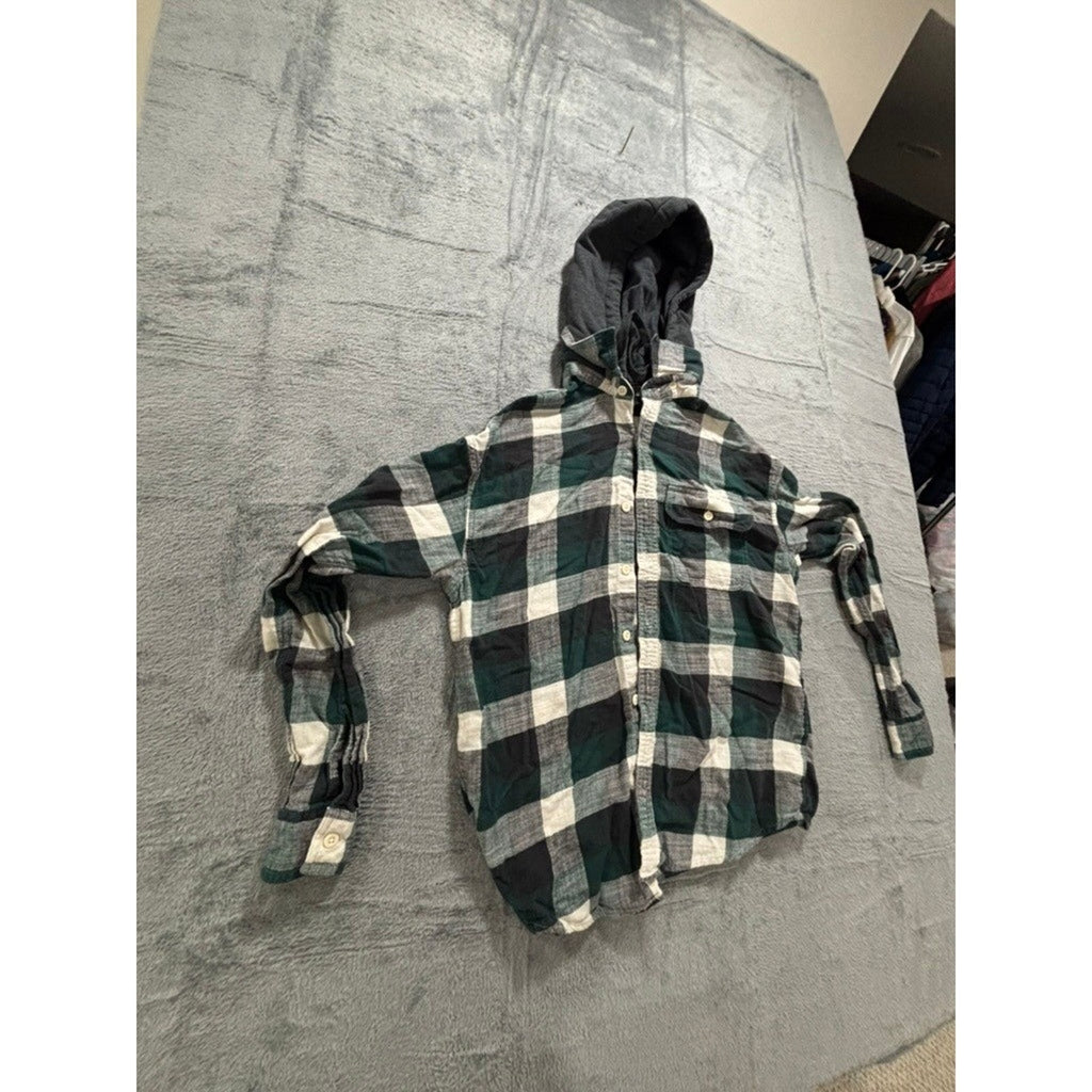 American Eagle S Green Plaid Hooded Flannel Shirt Womens Casual Vintage Style