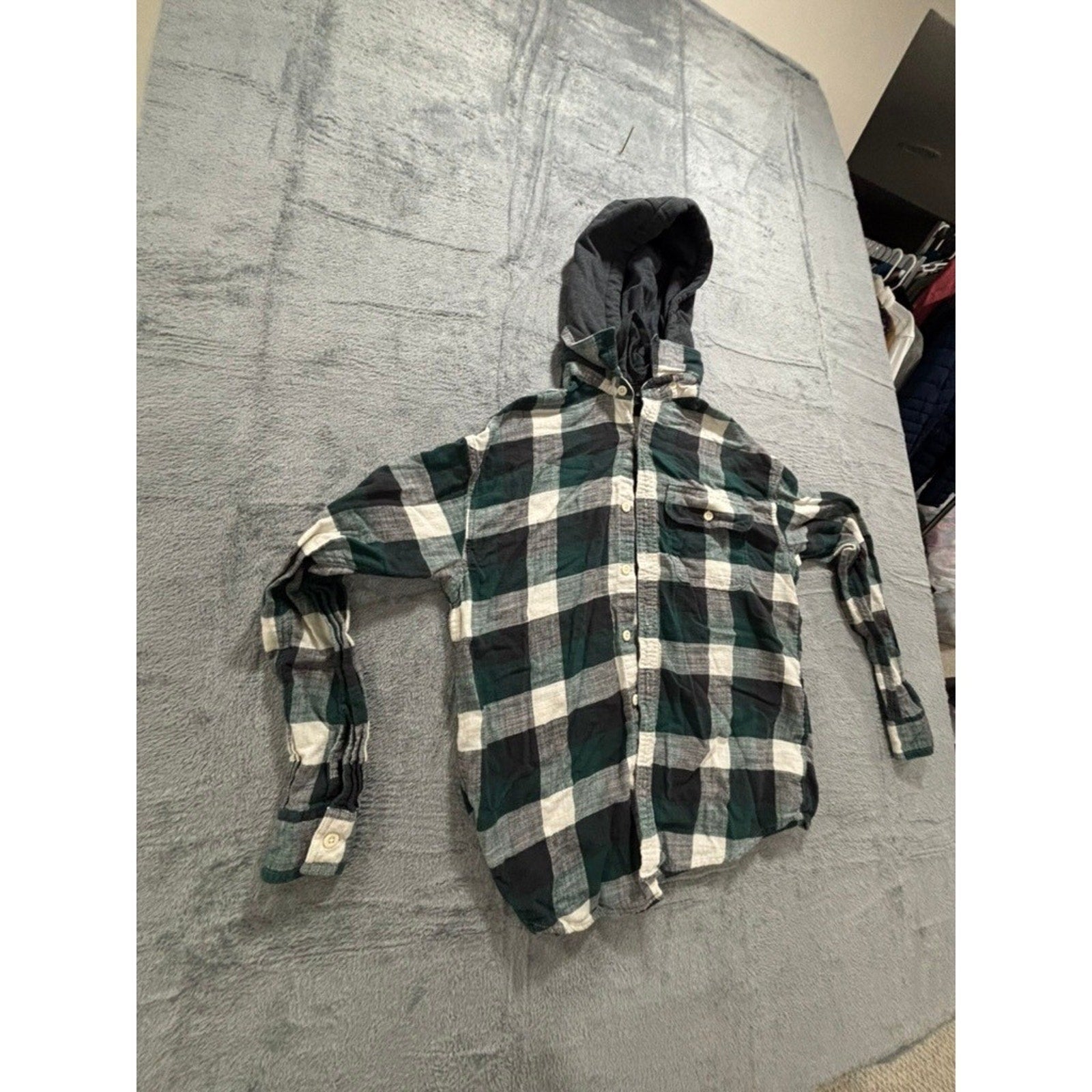 American Eagle S Green Plaid Hooded Flannel Shirt Womens Casual Vintage Style