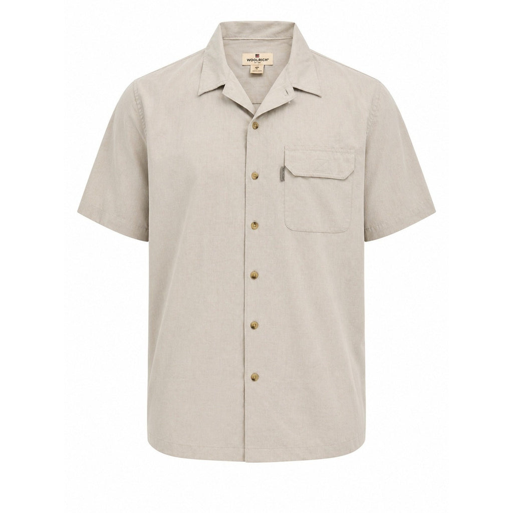 Woolrich Men XL Short Sleeve Button Up Camp Shirt Tan Khaki Safari Utility