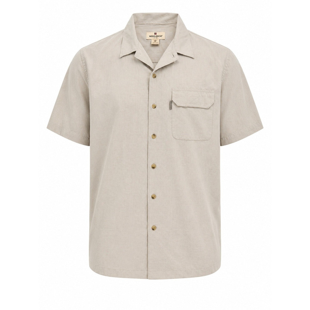 Woolrich Men XL Short Sleeve Button Up Camp Shirt Tan Khaki Safari Utility