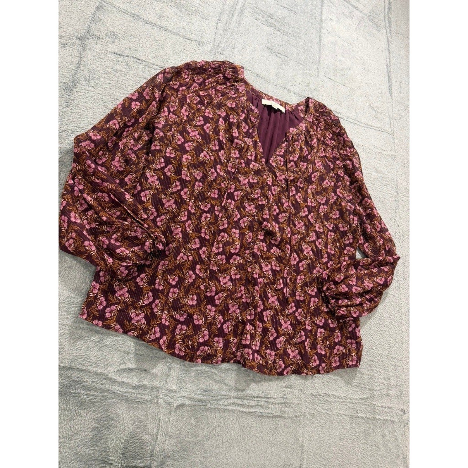 LOFT Womens XL Plum Floral Metallic Stripe Split Neck Balloon Sleeve Blouse