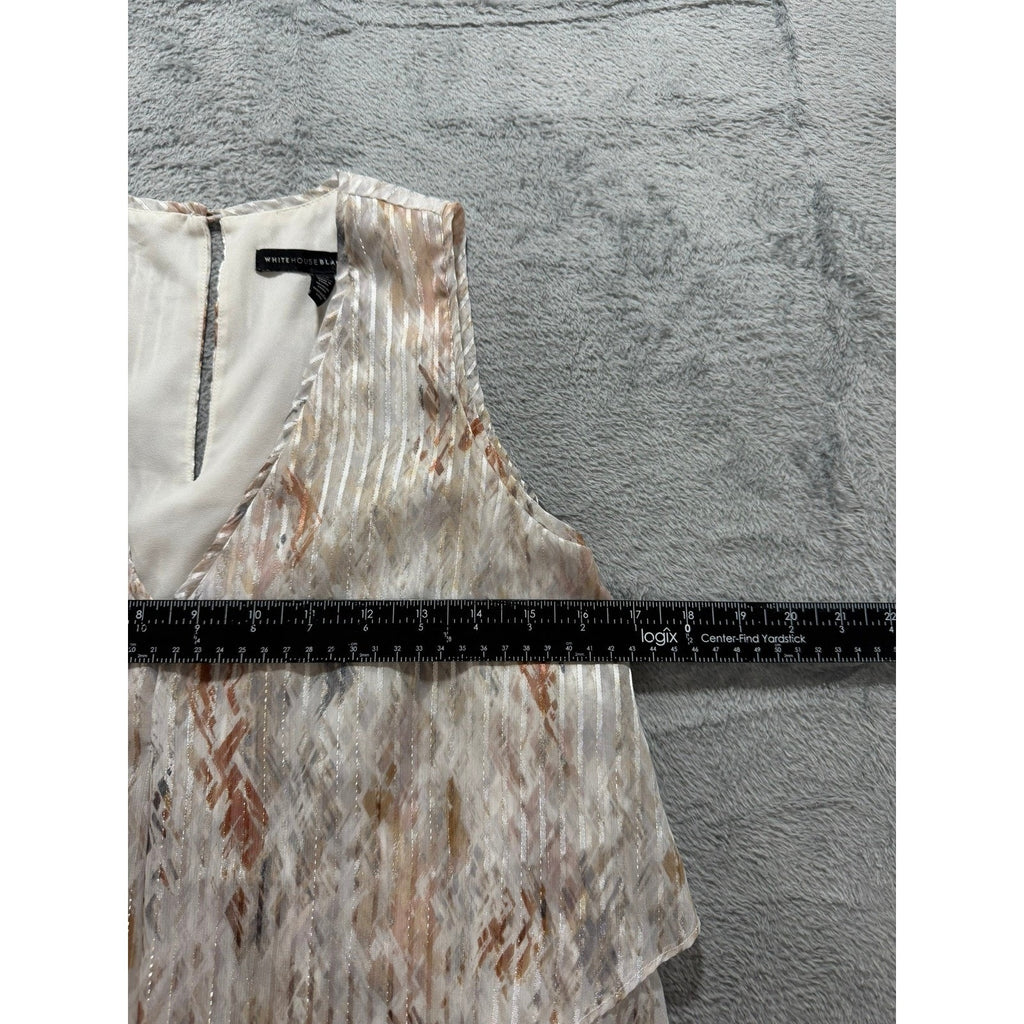 White House Black Market XS Tiered Ruffle Shell Top Metallic Stripe Abstract Tan