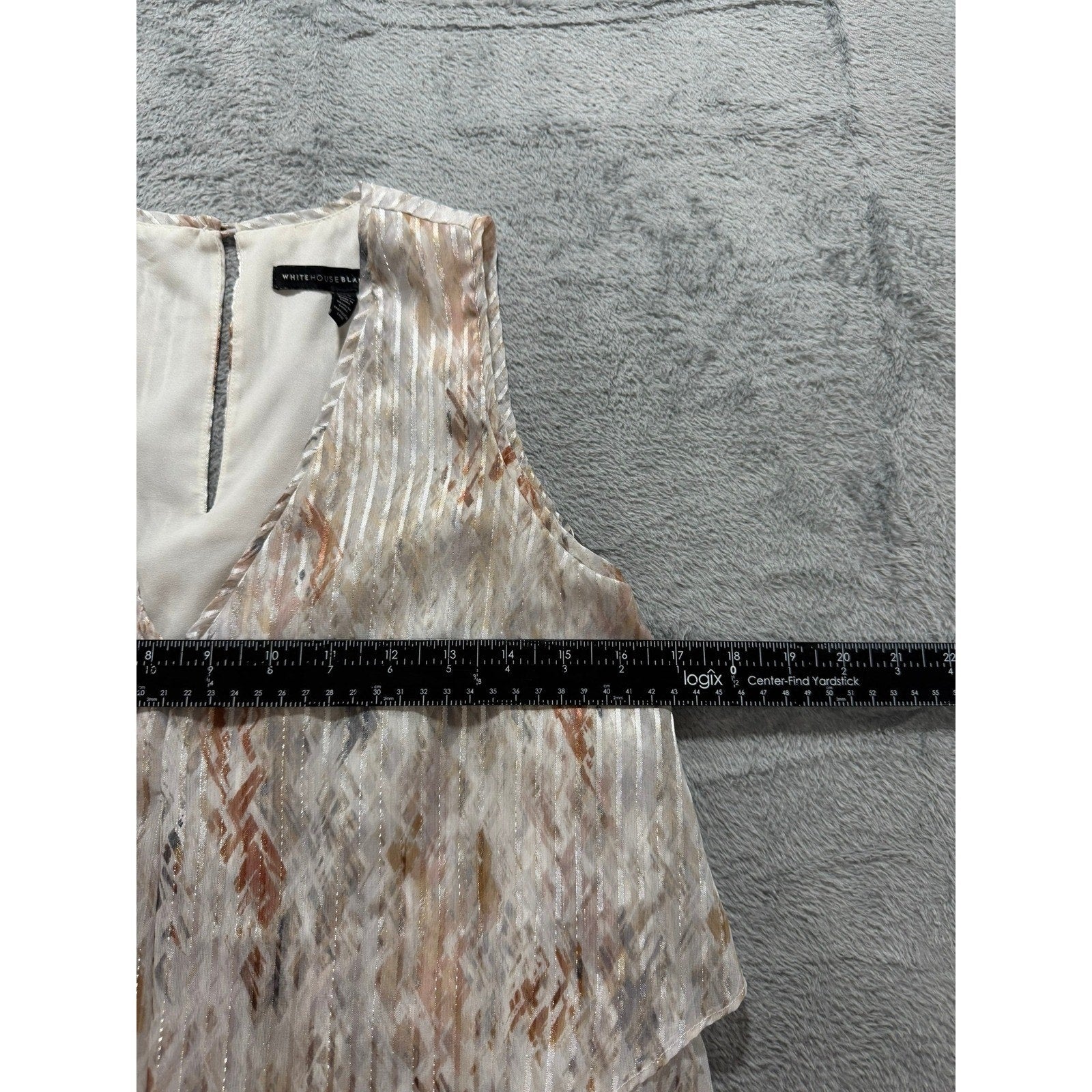 White House Black Market XS Tiered Ruffle Shell Top Metallic Stripe Abstract Tan
