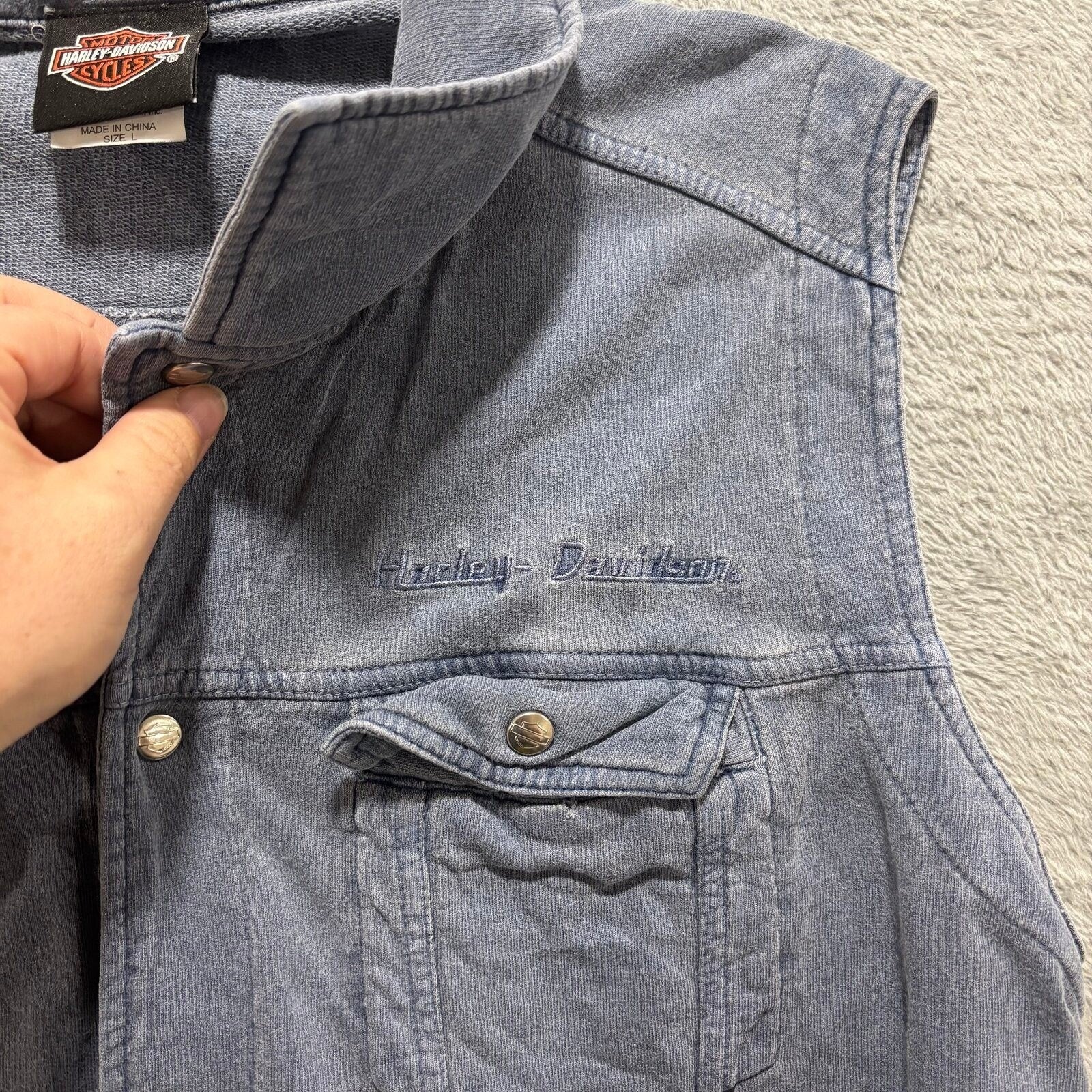 Harley-Davidson Womens L Blue Cotton Snap Front Biker Vest Vintage Casual