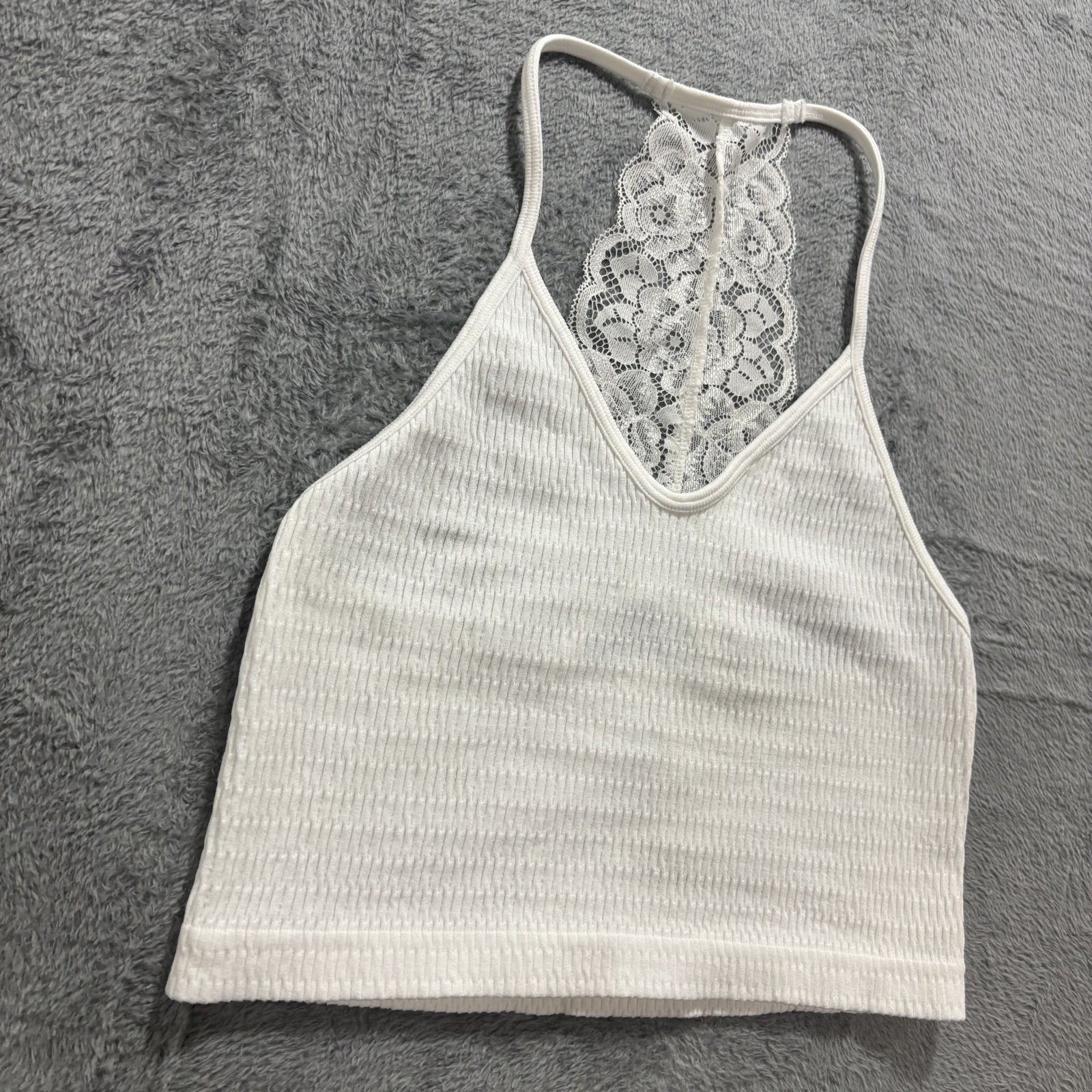 One Step Up Womens SM White Lace Racerback Crop Top Boho Festival Coquette Cute