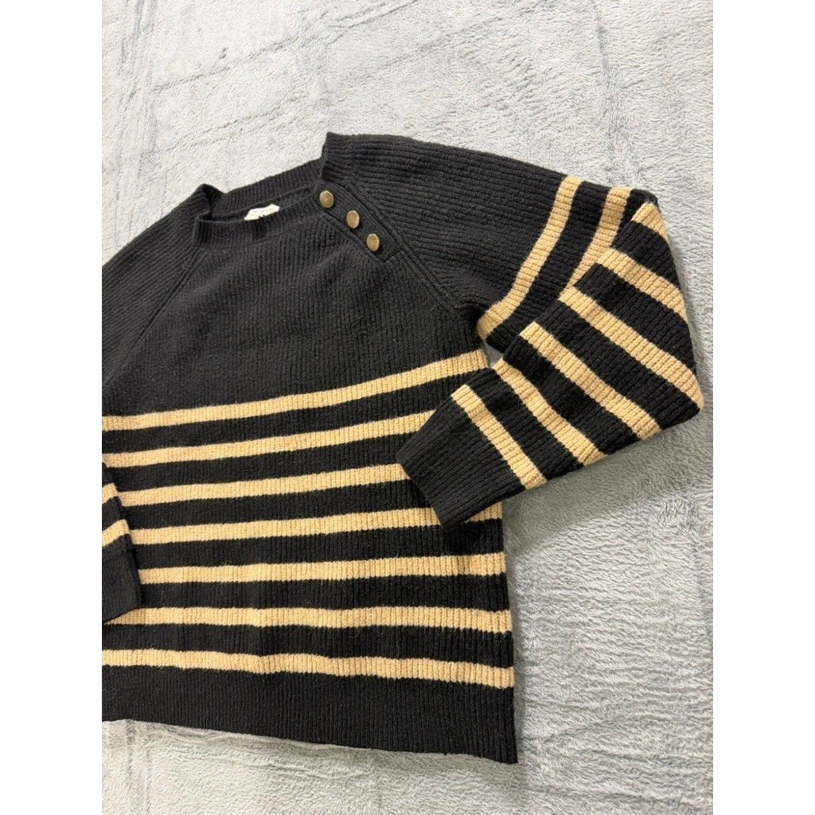 Knox Rose Sweater Womens XL Black Tan Stripe Ribbed Button Shoulder Cozy