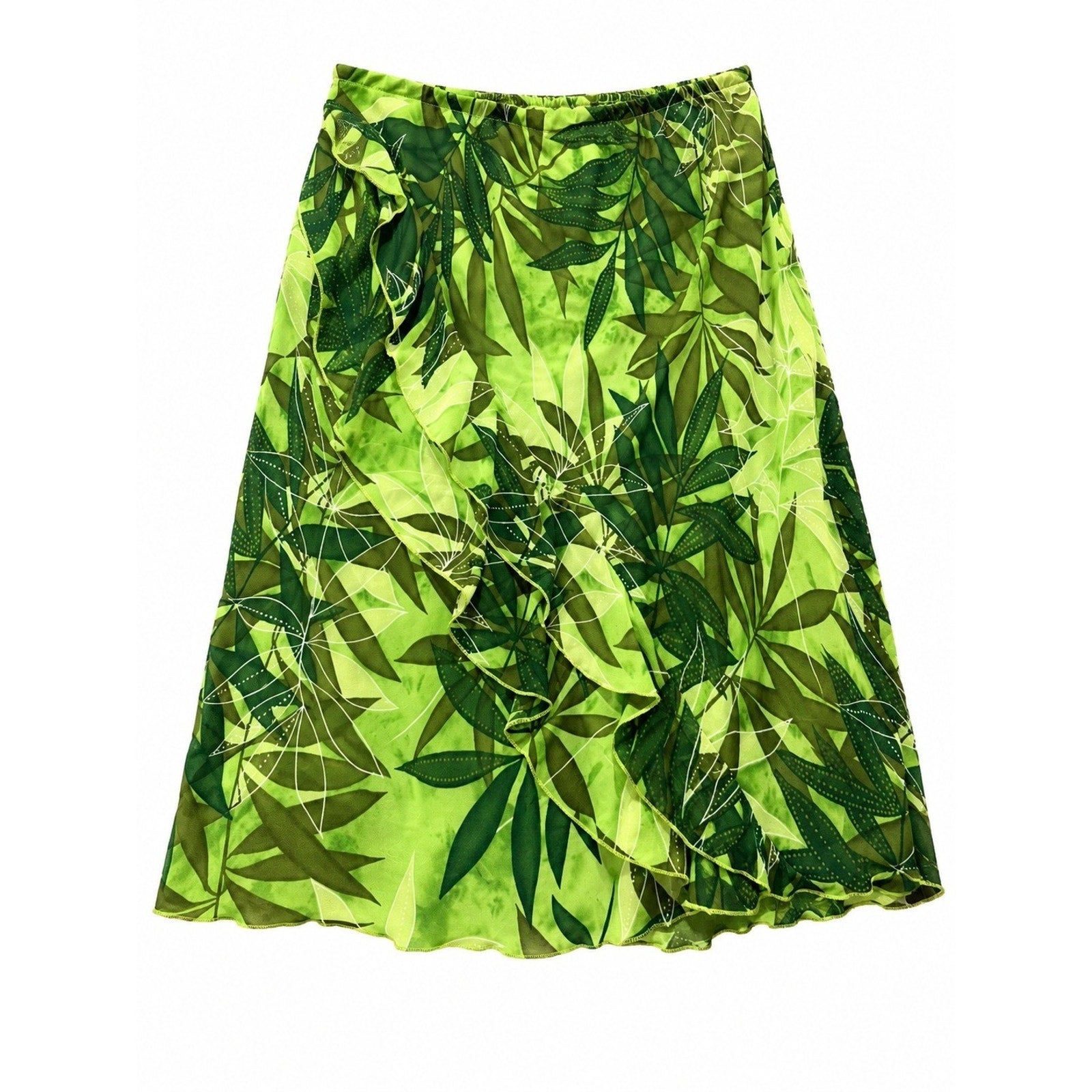 Worthington Green Tropical Leaf Print Ruffle Front Skirt Size 16 Elastic Waist