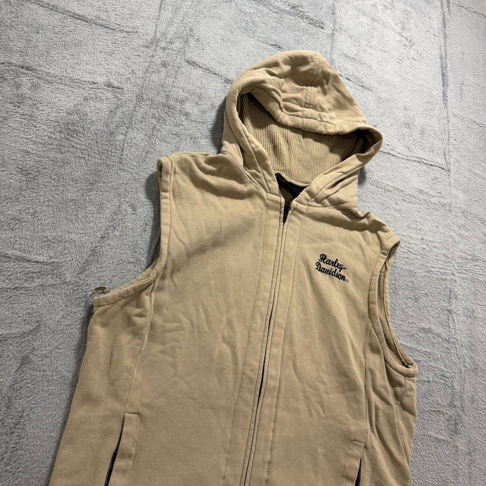 Harley Davidson XL Tan Womens Hooded Zip Up Vest Casual Vintage Biker Moto