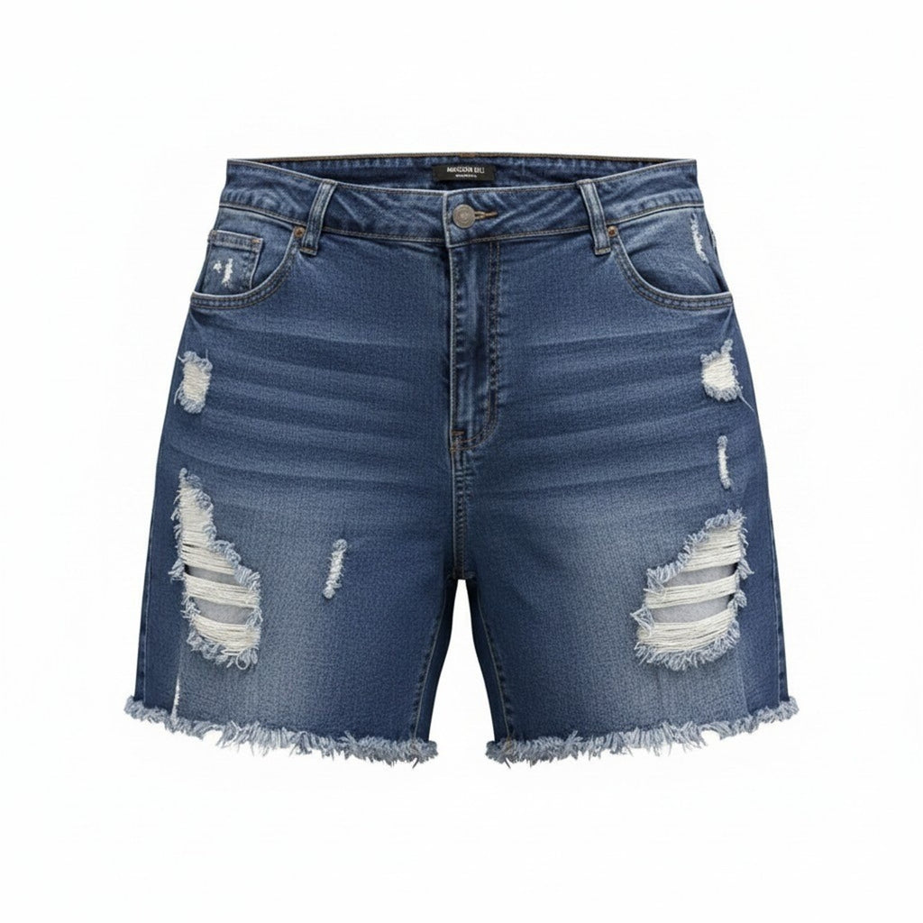 American Bazi Plus 2X Distressed Denim Shorts Medium Wash Raw Hem Stretch